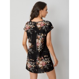 Floral Print Lace Trim Batwing Sleeve Tunic Dress