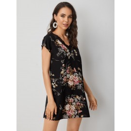 Floral Print Lace Trim Batwing Sleeve Tunic Dress