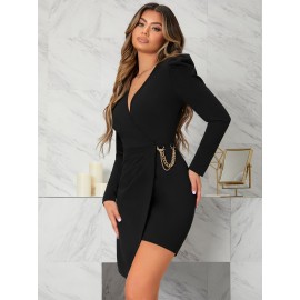 Gigot Sleeve Chain Detail Wrap Ruched Dress