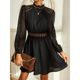 Guipure Lace Insert Puff Sleeve Dress