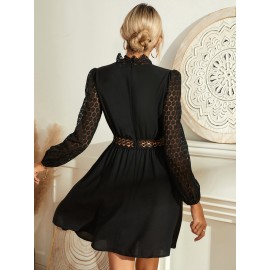 Guipure Lace Insert Puff Sleeve Dress