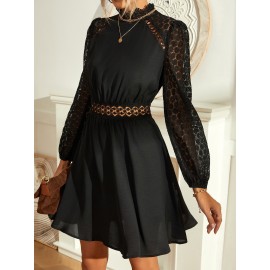 Guipure Lace Insert Puff Sleeve Dress
