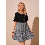 Ruffle Trim Gingham Panel Smock Dress