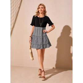 Ruffle Trim Gingham Panel Smock Dress
