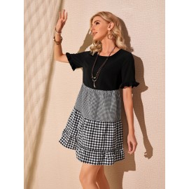 Ruffle Trim Gingham Panel Smock Dress