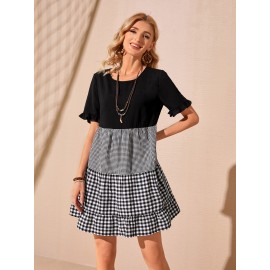 Ruffle Trim Gingham Panel Smock Dress