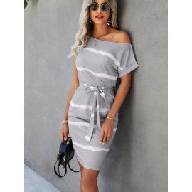 Striped Boat Neck Belted Dress