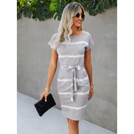 Striped Boat Neck Belted Dress
