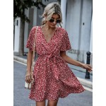 Floral Butterfly Sleeve Belted Dress