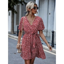 Floral Butterfly Sleeve Belted Dress