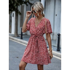 Floral Butterfly Sleeve Belted Dress