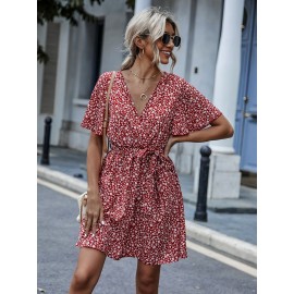 Floral Butterfly Sleeve Belted Dress