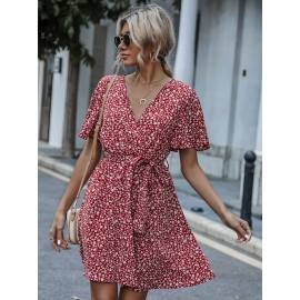Floral Butterfly Sleeve Belted Dress