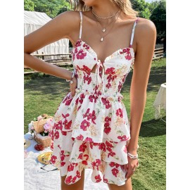 Floral Print Shirred Tie Front Layered Hem Dress