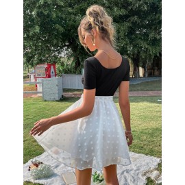 Swiss Dot Colorblock Scoop Neck Belted Dress