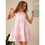 Plaid Print Ruffle Hem Tie Back Smock Dress