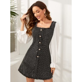 Flounce Sleeve Raw Cut Plaid Tweed 2 In 1 Dress