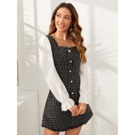 Flounce Sleeve Raw Cut Plaid Tweed 2 In 1 Dress