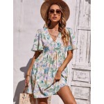 Abstract Floral Print Butterfly Sleeve Dress