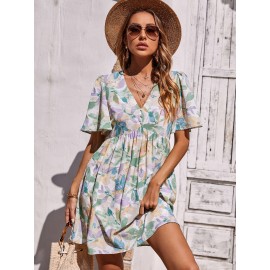 Abstract Floral Print Butterfly Sleeve Dress