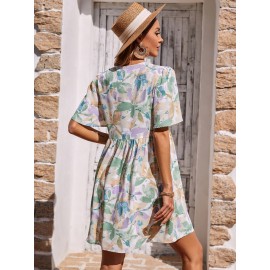 Abstract Floral Print Butterfly Sleeve Dress