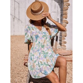 Abstract Floral Print Butterfly Sleeve Dress