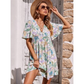 Abstract Floral Print Butterfly Sleeve Dress