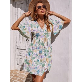 Abstract Floral Print Butterfly Sleeve Dress