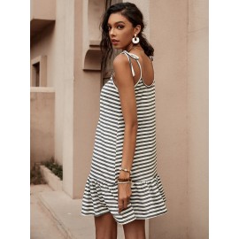 Striped Print Tie Shoulder Ruffle Hem  Dress