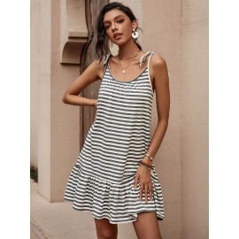 Striped Print Tie Shoulder Ruffle Hem  Dress