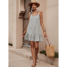 Striped Print Tie Shoulder Ruffle Hem  Dress