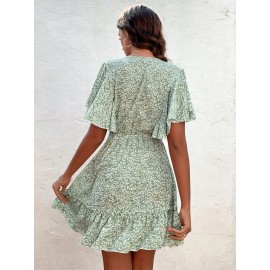 Floral Print Butterfly Sleeve Knot Front Frill Trim Dress