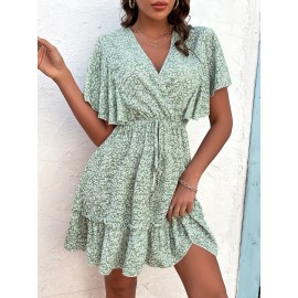 Floral Print Butterfly Sleeve Knot Front Frill Trim Dress