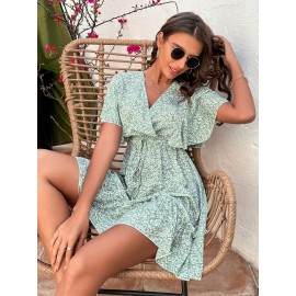 Floral Print Butterfly Sleeve Knot Front Frill Trim Dress