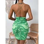 Crisscross Tied Backless Ruched Marble Print Dress
