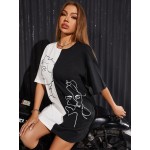 Color Block  Graphic Tee Dress Without Belt
