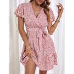 Floral Print Belted Surplice Neck Dress