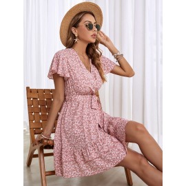 Floral Print Belted Surplice Neck Dress