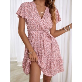 Floral Print Belted Surplice Neck Dress