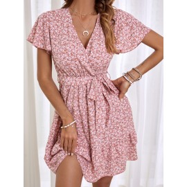 Floral Print Belted Surplice Neck Dress