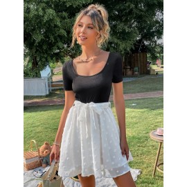 Swiss Dot Colorblock Scoop Neck Belted Dress