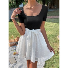 Swiss Dot Colorblock Scoop Neck Belted Dress