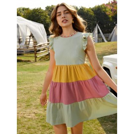 Butterfly Sleeve Colorblock Smock Dress