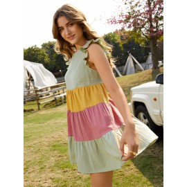 Butterfly Sleeve Colorblock Smock Dress