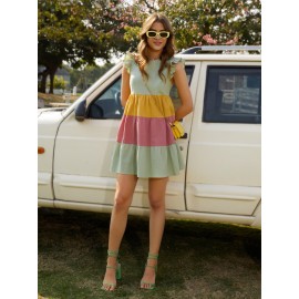 Butterfly Sleeve Colorblock Smock Dress