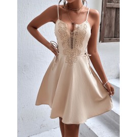 Lace Up Side Contrast Guipure Lace  Dress