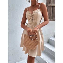Lace Up Side Contrast Guipure Lace  Dress