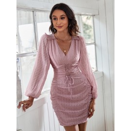 Swiss Dot Lace Up Front Frill Trim Ruched Dress