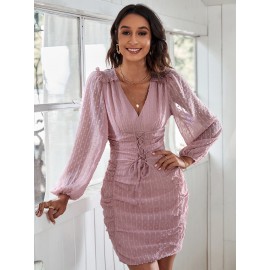 Swiss Dot Lace Up Front Frill Trim Ruched Dress