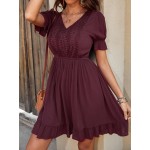 Lace Insert V Neck Flounce Hem Dress